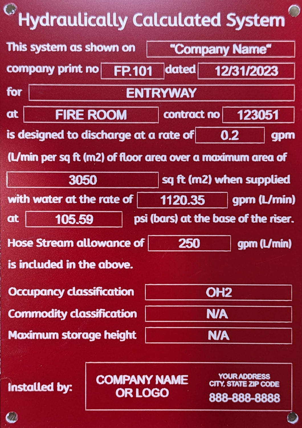 Fire Hydraulic Calculation Plate