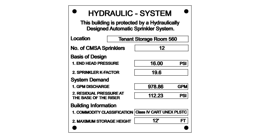Fire Hydraulic Calculation Plate - Storage Area