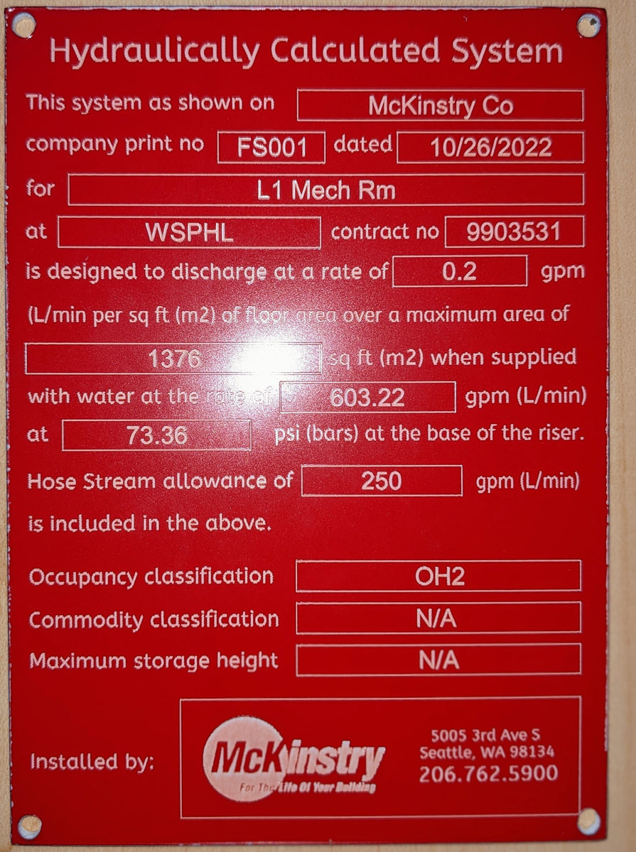 Fire Hydraulic Calculation Plate – Northwest Mill